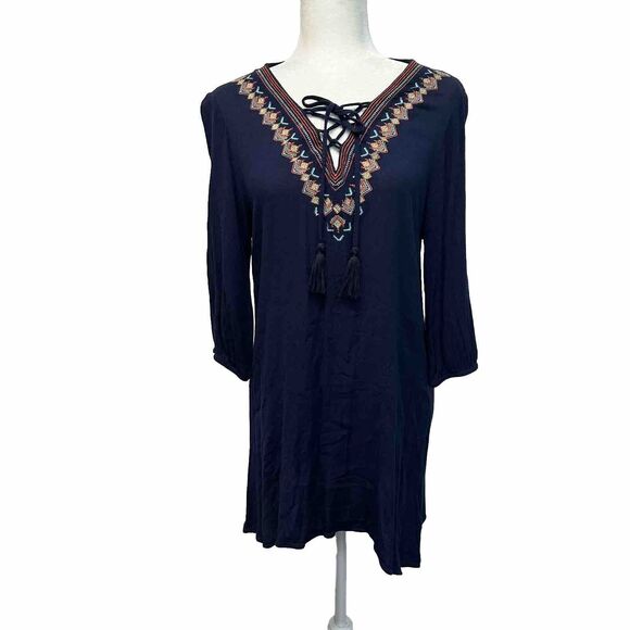 Size Large Floral Embroidered Peasant Dress Boho Blue Mini Stretch Tassels 3/4 - Picture 2 of 8